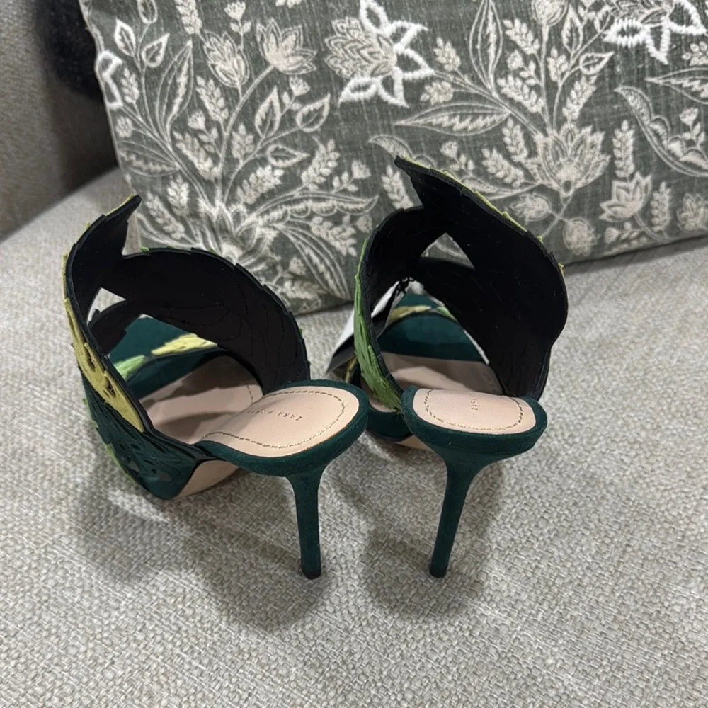 Zara Green and Yellow Leaf Design Women's Heels - Picture 2 of 4